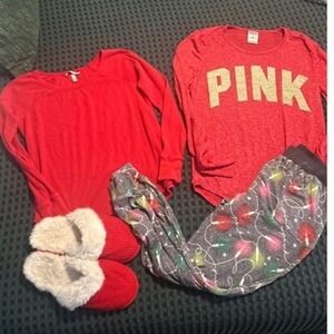 Victorias Secret/PINK Christmas Pajama Set Bundle Waffle Top Joggers Slippers